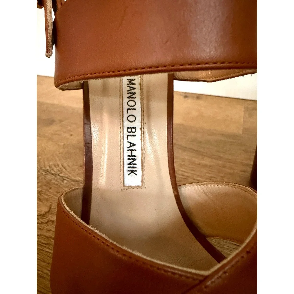 Manolo Blahnik Gorham Brown Leather Slingback Block Heel Sandals 38.5 8.5